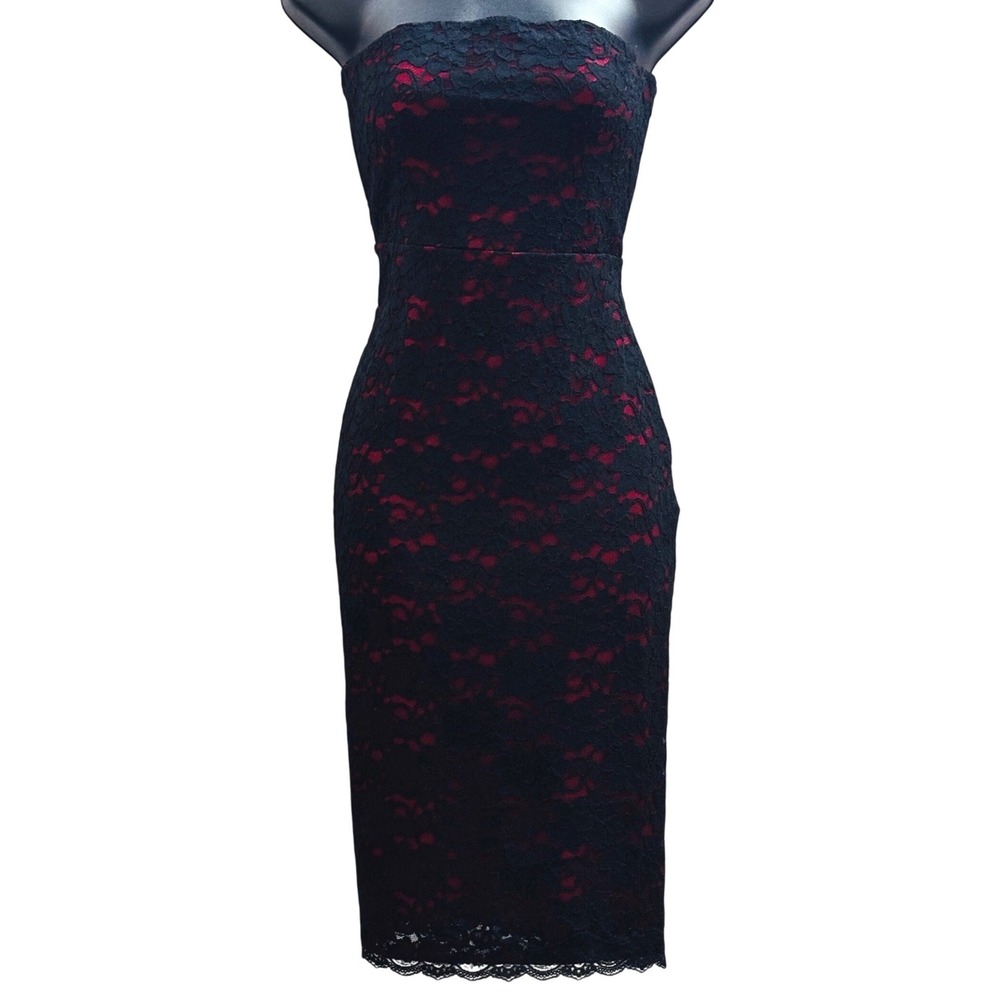 Express Black Red Lace Strapless Sheath Dress Size 4 Floral Midi Party Cocktail